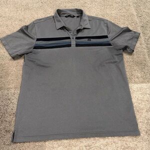 Travis Mathew Gray Polo with Navy and Dark Gray Stripes